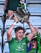 20 August 2023; Naomh Éanna captain Conor McDonald lifts the Dr Bob Bowe Cup after his side's victory in the Wexford County Senior Hurling Championship final match between Naomh Éanna and Oylegate-Glenbrien at Chadwicks Wexford Park in Wexford. Photo by Piaras Ó Mídheach/Sportsfile