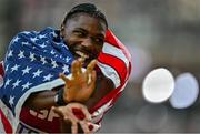 20 August 2023; Noah Lyles of USA celebrates winning the men's 100m final during day two of the World Athletics Championships at National Athletics Centre in Budapest, Hungary. Photo by Sam Barnes/Sportsfile