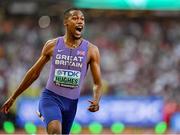 20 August 2023; Zharnel Hughes of Great Britain celebrates winning bronze in the men's 100m final during day two of the World Athletics Championships at National Athletics Centre in Budapest, Hungary. Photo by Sam Barnes/Sportsfile