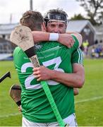 20 August 2023; Naomh Éanna captain Conor McDonald celebrates with team-mate Gearóid Cullen, 23, after their side's victory in the Wexford County Senior Hurling Championship final match between Naomh Éanna and Oylegate-Glenbrien at Chadwicks Wexford Park in Wexford. Photo by Piaras Ó Mídheach/Sportsfile