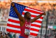 20 August 2023; Noah Lyles of USA celebrates winning gold in men's 100m final  during day two of the World Athletics Championships at National Athletics Centre in Budapest, Hungary. Photo by Sam Barnes/Sportsfile