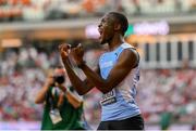 20 August 2023; Letsile Tebogo of Botswana celebrates winning silver in men's 100m final  during day two of the World Athletics Championships at National Athletics Centre in Budapest, Hungary. Photo by Sam Barnes/Sportsfile