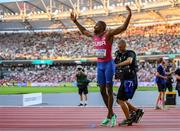 20 August 2023; Noah Lyles of USA celebrates winning gold in men's 100m final  during day two of the World Athletics Championships at National Athletics Centre in Budapest, Hungary. Photo by Sam Barnes/Sportsfile