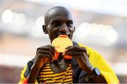 20 August 2023; Joshua Cheptegei of Uganda celebrates with his gold medal after winning the men's 10,000m final during day two of the World Athletics Championships at National Athletics Centre in Budapest, Hungary. Photo by Sam Barnes/Sportsfile