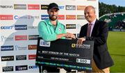 20 August 2023; Andrew Balbirnie of Ireland is presented with the Best Striker of the Match award by Cricket Ireland chief executive Warren Deutrom after match two of the Men's T20 International series between Ireland and India at Malahide Cricket Ground in Dublin. Photo by Seb Daly/Sportsfile