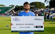 20 August 2023; Rinku Singh of India with the Player of the Match award after match two of the Men's T20 International series between Ireland and India at Malahide Cricket Ground in Dublin. Photo by Seb Daly/Sportsfile
