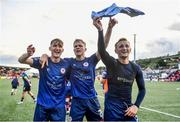 20 August 2023; St Patrick's Athletic players, from left, Mason Melia, Jay McGrath and Sam Curtis celebrate after the Sports Direct Men’s FAI Cup Second Round match between Derry City and St Patrick’s Athletic at The Ryan McBride Brandywell Stadium in Derry. Photo by Ben McShane/Sportsfile