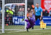 20 August 2023; Derry City goalkeeper Brian Maher during the penalty shootout during the Sports Direct Men’s FAI Cup Second Round match between Derry City and St Patrick’s Athletic at The Ryan McBride Brandywell Stadium in Derry. Photo by Ben McShane/Sportsfile