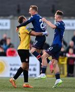 20 August 2023; Sam Curtis, centre, and Mason Melia of St Patrick's Athletic celebrate with goalkeeper Dean Lyness after the Sports Direct Men’s FAI Cup Second Round match between Derry City and St Patrick’s Athletic at The Ryan McBride Brandywell Stadium in Derry. Photo by Ben McShane/Sportsfile
