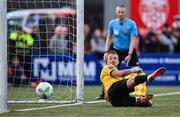 20 August 2023; St Patrick's Athletic goalkeeper Dean Lyness watches the penalty of Mark Connolly of Derry City, not pictured, hit the post during the penalty shootout during the Sports Direct Men’s FAI Cup Second Round match between Derry City and St Patrick’s Athletic at The Ryan McBride Brandywell Stadium in Derry. Photo by Ben McShane/Sportsfile