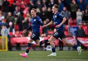 20 August 2023; Sam Curtis, left, and Mason Melia of St Patrick's Athletic celebrate after the Sports Direct Men’s FAI Cup Second Round match between Derry City and St Patrick’s Athletic at The Ryan McBride Brandywell Stadium in Derry. Photo by Ben McShane/Sportsfile