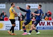 20 August 2023; Sam Curtis, centre, and Mason Melia of St Patrick's Athletic celebrate with goalkeeper Dean Lyness after the Sports Direct Men’s FAI Cup Second Round match between Derry City and St Patrick’s Athletic at The Ryan McBride Brandywell Stadium in Derry. Photo by Ben McShane/Sportsfile