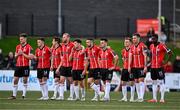 20 August 2023; Derry City players during the penalty shootout during the Sports Direct Men’s FAI Cup Second Round match between Derry City and St Patrick’s Athletic at The Ryan McBride Brandywell Stadium in Derry. Photo by Ben McShane/Sportsfile