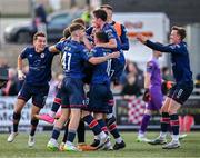 20 August 2023; St Patrick's Athletic players celebrate after the Sports Direct Men’s FAI Cup Second Round match between Derry City and St Patrick’s Athletic at The Ryan McBride Brandywell Stadium in Derry. Photo by Ben McShane/Sportsfile