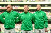 19 August 2023; Ireland players, from left, Finlay Bealham, Jeremy Loughman and Mack Hansen before the Bank of Ireland Nations Series match between Ireland and England at Aviva Stadium in Dublin. Photo by Ramsey Cardy/Sportsfile