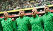 19 August 2023; Ireland players, from left, James Lowe, Finlay Bealham, Jeremy Loughman and Mack Hansen before the Bank of Ireland Nations Series match between Ireland and England at Aviva Stadium in Dublin. Photo by Ramsey Cardy/Sportsfile