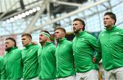 19 August 2023; Ireland players, from left, Andrew Porter, Garry Ringrose, Rob Herring, Jack Crowley, Caelan Doris and Joe McCarthy before the Bank of Ireland Nations Series match between Ireland and England at Aviva Stadium in Dublin. Photo by Ramsey Cardy/Sportsfile