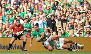 19 August 2023; James Lowe of Ireland is tackled by Anthony Watson of England during the Bank of Ireland Nations Series match between Ireland and England at Aviva Stadium in Dublin. Photo by Ramsey Cardy/Sportsfile