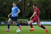 21 August 2023; Regan Donelon of Galway United in action against Adam Verdon of UCD during the Sports Direct Men’s FAI Cup Second Round match between UCD and Galway United at the UCD Bowl in Dublin. Photo by Ben McShane/Sportsfile