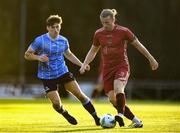 21 August 2023; Dave Hurley of Galway United in action against Dara Keane of UCD during the Sports Direct Men’s FAI Cup Second Round match between UCD and Galway United at the UCD Bowl in Dublin. Photo by John Sheridan/Sportsfile