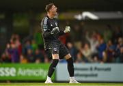21 August 2023; Cork City goalkeeper Ollie Byrne celebrates his side's first goal scored by team-mate Ruairi Keating during the Sports Direct Men’s FAI Cup Second Round match between Cork City and Waterford at Turner’s Cross in Cork. Photo by Eóin Noonan/Sportsfile
