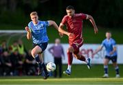 21 August 2023; Wassim Aouachria of Galway United in action against Jack Keaney of UCD during the Sports Direct Men’s FAI Cup Second Round match between UCD and Galway United at the UCD Bowl in Dublin. Photo by Ben McShane/Sportsfile