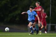 21 August 2023; Dara Keane of UCD is tackled by Dave Hurley of Galway United during the Sports Direct Men’s FAI Cup Second Round match between UCD and Galway United at the UCD Bowl in Dublin. Photo by Ben McShane/Sportsfile
