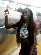 21 August 2023; Rhasidat Adeleke of Ireland celebrates after qualifying for the women's 400m final during day three of the World Athletics Championships at the National Athletics Centre in Budapest, Hungary. Photo by Sam Barnes/Sportsfile