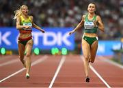 21 August 2023; Sharlene Mawdsley of Ireland, right, competes in the women's 400m semi-final during day three of the World Athletics Championships at the National Athletics Centre in Budapest, Hungary. Photo by Sam Barnes/Sportsfile