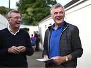 21 August 2023; Jimmy Barry Murphy, former Cork dual star and former Cork hurling manager, with Colm O'Rourke, former Meath footballer and current Meath football manager, at the Hurling for Cancer Research 2023 charity match at Netwatch Cullen Park in Carlow. Photo by Piaras Ó Mídheach/Sportsfile