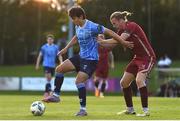21 August 2023; Danú Bishop Kinsella of UCD in action against Dave Hurley of Galway United during the Sports Direct Men’s FAI Cup Second Round match between UCD and Galway United at the UCD Bowl in Dublin. Photo by John Sheridan/Sportsfile