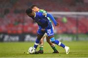 21 August 2023; Roland Idowu of Waterford in action against Aaron Bolger of Cork City during the Sports Direct Men’s FAI Cup Second Round match between Cork City and Waterford at Turner’s Cross in Cork. Photo by Eóin Noonan/Sportsfile