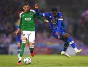 21 August 2023; Jaze Kabia of Cork City in action against Roland Idowu of Waterford during the Sports Direct Men’s FAI Cup Second Round match between Cork City and Waterford at Turner’s Cross in Cork. Photo by Eóin Noonan/Sportsfile