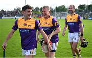 21 August 2023; Jim Bolger's Stars, from left, Kerry footballer Paudie Clifford, former Galway hurler Ollie Canning, and former Kilkenny hurler JJ Delaney in the parade before the Hurling for Cancer Research 2023 charity match at Netwatch Cullen Park in Carlow. Photo by Piaras Ó Mídheach/Sportsfile