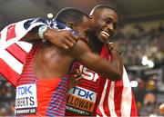 21 August 2023; Grant Holloway of USA, right, celebrates with teammate Daniel Roberts after winning the men's 110m hurdles final during day three of the World Athletics Championships at the National Athletics Centre in Budapest, Hungary. Photo by Sam Barnes/Sportsfile