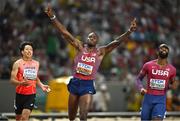 21 August 2023; Grant Holloway of USA, centre, celebrates after winning the men's 110m hurdles final during day three of the World Athletics Championships at the National Athletics Centre in Budapest, Hungary. Photo by Sam Barnes/Sportsfile