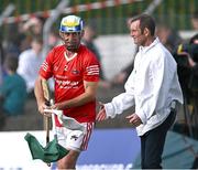 21 August 2023; Davy Russell helps umpire Kevin Manning change his mind about a score during the Hurling for Cancer Research 2023 charity match at Netwatch Cullen Park in Carlow. Photo by Piaras Ó Mídheach/Sportsfile