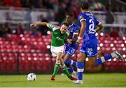 21 August 2023; Cian Coleman of Cork City is tackled by Romeo Akachukwu of Waterford during the Sports Direct Men’s FAI Cup Second Round match between Cork City and Waterford at Turner’s Cross in Cork. Photo by Eóin Noonan/Sportsfile