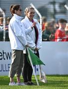 21 August 2023; Umpires; jockey Rachael Blackmore, left, and former Wexford camogie player Ursula Jacob during the Hurling for Cancer Research 2023 charity match at Netwatch Cullen Park in Carlow. Photo by Piaras Ó Mídheach/Sportsfile