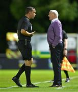 21 August 2023; Galway United manager John Caulfield in conversation with referee Robert Harvey during the Sports Direct Men’s FAI Cup Second Round match between UCD and Galway United at the UCD Bowl in Dublin. Photo by Ben McShane/Sportsfile