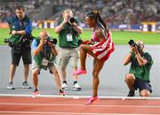 21 August 2023; Sha'Carri Richardson of USA celebrates after winning the women's 100m final during day three of the World Athletics Championships at the National Athletics Centre in Budapest, Hungary. Photo by Sam Barnes/Sportsfile