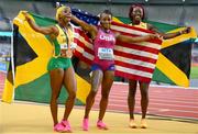21 August 2023; Shelly-Ann Fraser-Pryce of Jamaica, left, Sha'Carri Richardson of USA, centre, and Shericka Jackson of Jamaica pose for a photograph after competing in the women's 100m final during day three of the World Athletics Championships at the National Athletics Centre in Budapest, Hungary. Photo by Sam Barnes/Sportsfile