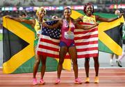 21 August 2023; Shelly-Ann Fraser-Pryce of Jamaica, left, Sha'Carri Richardson of USA, centre, and Shericka Jackson of Jamaica pose for a photograph after competing in the women's 100m final during day three of the World Athletics Championships at the National Athletics Centre in Budapest, Hungary. Photo by Sam Barnes/Sportsfile