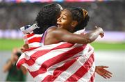 21 August 2023; Sha'Carri Richardson of USA, right, is congratulated by teammate Brittany Brown after winning the women's 100m final during day three of the World Athletics Championships at the National Athletics Centre in Budapest, Hungary. Photo by Sam Barnes/Sportsfile