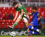 21 August 2023; Cian Bargary of Cork City in action against Giles Phillips of Waterford during the Sports Direct Men’s FAI Cup Second Round match between Cork City and Waterford at Turner’s Cross in Cork. Photo by Eóin Noonan/Sportsfile