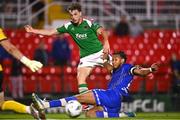 21 August 2023; Cian Bargary of Cork City in action against Giles Phillips of Waterford during the Sports Direct Men’s FAI Cup Second Round match between Cork City and Waterford at Turner’s Cross in Cork. Photo by Eóin Noonan/Sportsfile