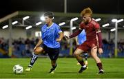 21 August 2023; Sean Brennan of UCD in action against Aodh Dervin of Galway United during the Sports Direct Men’s FAI Cup Second Round match between UCD and Galway United at the UCD Bowl in Dublin. Photo by Ben McShane/Sportsfile