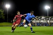 21 August 2023; Michael Gallagher of UCD in action against Ronan Manning of Galway United during the Sports Direct Men’s FAI Cup Second Round match between UCD and Galway United at the UCD Bowl in Dublin. Photo by Ben McShane/Sportsfile