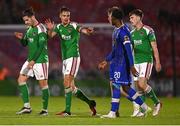 21 August 2023; Cork City players Ruairi Keating and Cian Coleman gesture to Roland Idowu of Waterford as he leaves the pitch after being shown a red card by referee Eoghan O'Shea during the Sports Direct Men’s FAI Cup Second Round match between Cork City and Waterford at Turner’s Cross in Cork. Photo by Eóin Noonan/Sportsfile