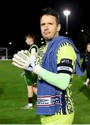 21 August 2023; Galway United goalkeeper Brendan Clarke applauds towards the supporters, after playing his 500th league appearance after the Sports Direct Men’s FAI Cup Second Round match between UCD and Galway United at the UCD Bowl in Dublin. Photo by John Sheridan/Sportsfile